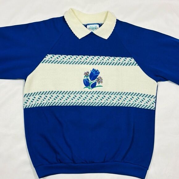 Vintage Deadstock Embroidered Knit Floral Collared Crewneck Sweater - Picture 3 of 7